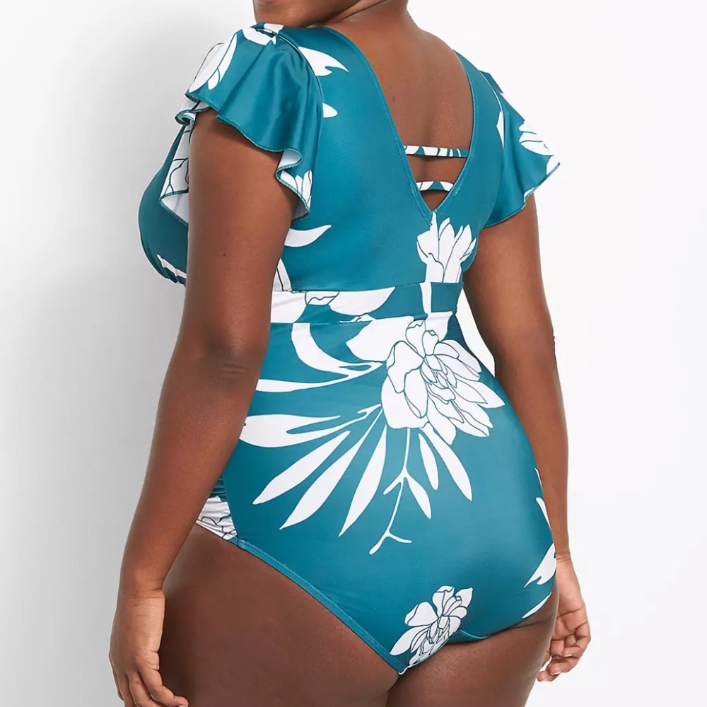 Teal flutter sleeve floral Swimsuit